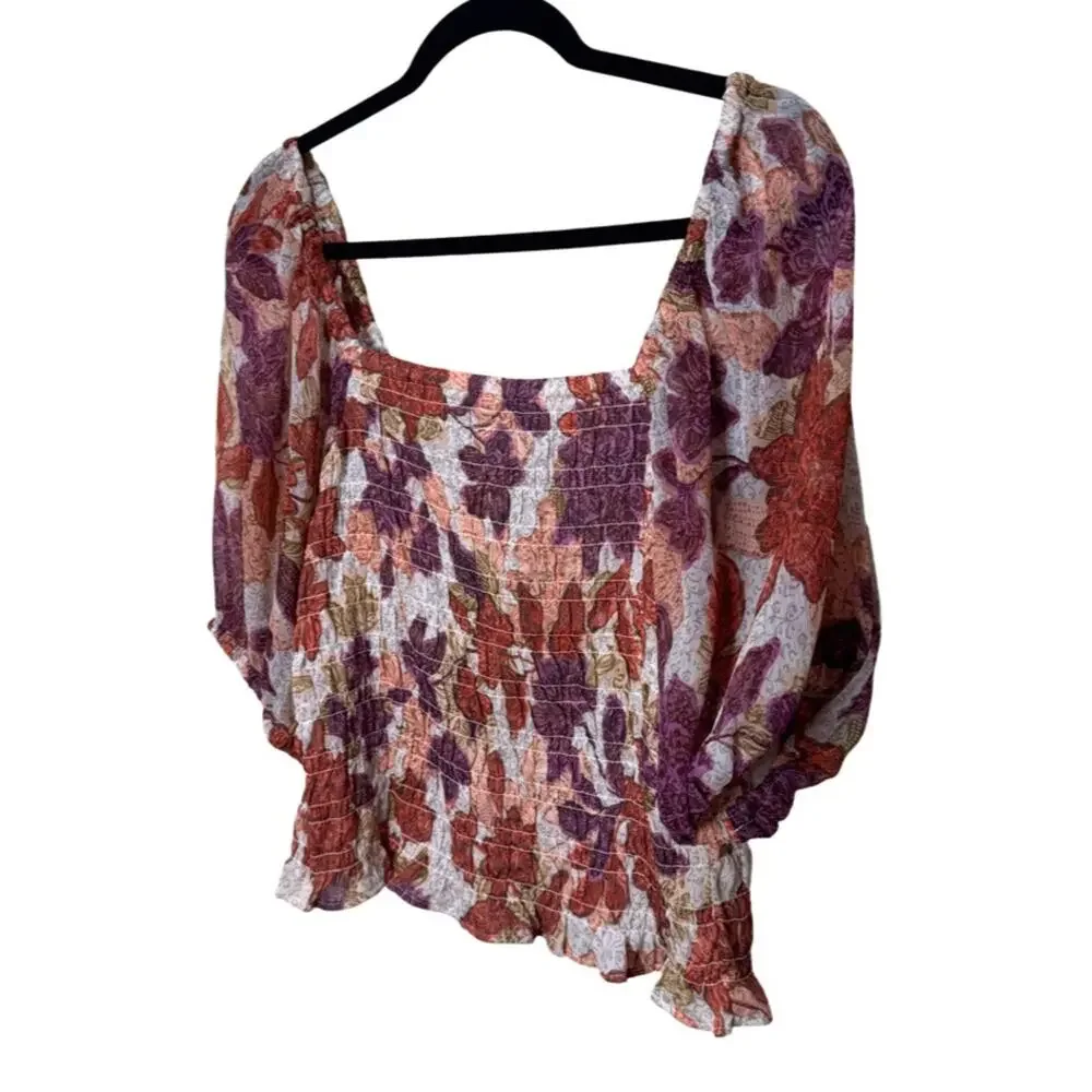 Old Navy Fitted Puff-Sleeve Smocked Top Autumn Leaves Size L